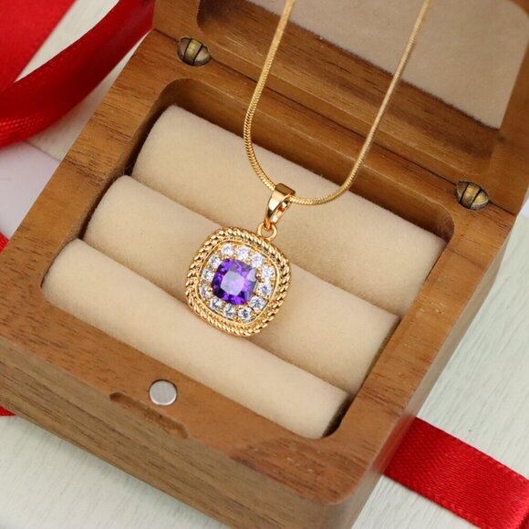 "Elegant Purple Square Pendant with Sparkling Border in Gold Finish, XPPT1658 - Picture 7 of 13